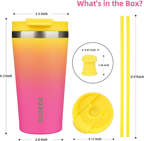 BJPKPK 18oz Stainless Steel Insulated Tumbler With lid And Straw Travel Coffee Thermal Tumblers Cup For Women And Men,Pink Yellow Rose
