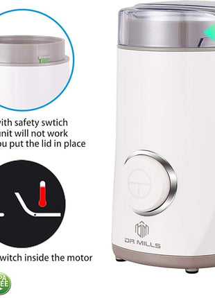 DR MILLS DM-7441W Coffee Grinder Electric, Coffee Bean and Dried Spice Grinder, One Touch Operation, Blade and Cup Made with SUS304 Stainless Steel (White)