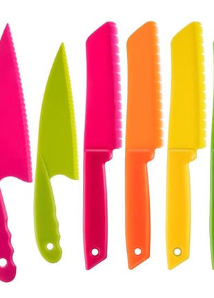 JOVITEC 8 Pcs Kid Cooking Kitchen Knife Set, Plastic Serrated Edges Children's Safe Chef Nylon Knives for Cutting Fruit Bread Cake Salad Lettuce Kids Cooking Supply(Multi Colors Square Knife)