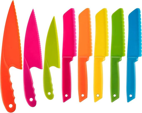 JOVITEC 8 Pcs Kid Cooking Kitchen Knife Set, Plastic Serrated Edges Children's Safe Chef Nylon Knives for Cutting Fruit Bread Cake Salad Lettuce Kids Cooking Supply(Multi Colors Square Knife)