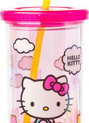 Silver Buffalo Sanrio Hello Kitty Spring and Summer Flowers Rainbow Stripes Plastic Cold Cup with Lid and Straw, 20 Ounces