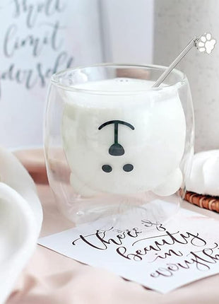 Cute Mugs Double Wall Glass Coffee Glass Cup Kawaii Bear Tea Milk Cup Funny Mug Animal Mug Aesthetic Cup for Office and Personal Birthday Gift (Happy bear)