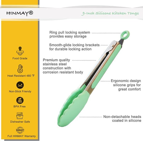 Stainless Steel Kitchen Cooking Tongs with Silicone Tips 9-Inch Serving Tongs, Set of 3 (Mint Pink Yellow)