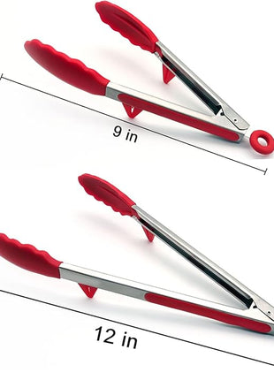 Silicone Tongs for Air Fryer, 2 Pack, Red Color, Premium Silicone BPA Free Non-Stick Stainless Steel Locking Food Tongs, 9-Inch and 12-Inch