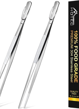 HOTEC Kitchen Tweezers Tongs Stainless Steel Professional Chef Tweezers, Set of 2-12inch Extra-Long Food Tongs for Cooking,Grill and Baking