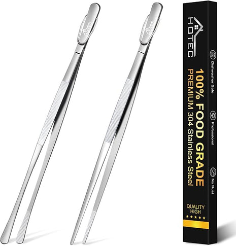 HOTEC Kitchen Tweezers Tongs Stainless Steel Professional Chef Tweezers, Set of 2-12inch Extra-Long Food Tongs for Cooking,Grill and Baking