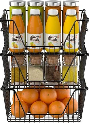 Slideep Wire Storage Baskets, Freezer Baskets Farmhouse Stackable Organizer Storage Bins Large Organizer for Storage, Office, Bathroom, Pantry Organization Storage with Handles 14" Black -Set of 3