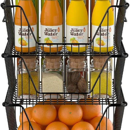 Slideep Wire Storage Baskets, Freezer Baskets Farmhouse Stackable Organizer Storage Bins Large Organizer for Storage, Office, Bathroom, Pantry Organization Storage with Handles 14" Black -Set of 3