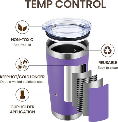 MEWAY 20oz Tumbler 4 Pack Double Wall Vacuum Insulated Travel Mug Bulk, Stainless Steel Tumblers with Lid and Straw, Durable Powder Coated Coffee Cups for Cold & Hot Drinks (Purple, 4)