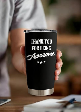 SANDJEST Thank You for Being Awesome Tumbler Gift Set - Birthday, Christmas, Appreciation Inspirational Gifts for Women, Men, Coworkers - 20oz Stainless Steel Insulated Coffee Travel Mug