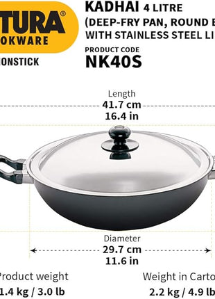 HAWKINS Futura Nonstick Kadhai 4 L, 30 cm, 3.25 mm with SS lid