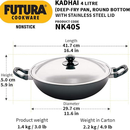HAWKINS Futura Nonstick Kadhai 4 L, 30 cm, 3.25 mm with SS lid