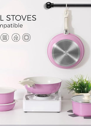 15Pcs Pots and Pans Set Non Stick, Cookware Sets with Detachable Handle, Nonstick RV Kitchen Cooking Tools Removable Handles, Oven Safe, Induction Fast, Stackable Induction Cookware, Pink