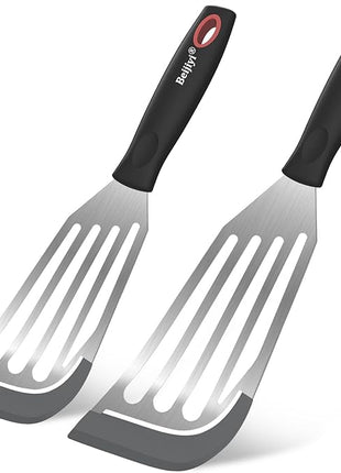 Beijiyi Heat Resistant Silicone Fish Spatulas, 2-Piece Slotted Fish Turner Spatula Set for Non Stick Frying Pan, Kitchen Cooking Utensils Flexible Thin Egg Flipper, 12.3" & 10.6", Gray Silicone Edge