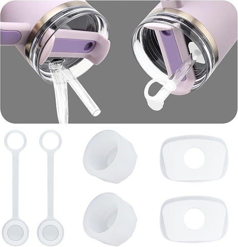 2Sets Silicone Spill Proof Stopper for Stanley 40/30 oz Quencher H2.0 Tumbler with Handle for Stanley Cup Accessories Including 2 Straw Cover Cap, 2 Round Leak Stopper 2 Square Spill Stoppers