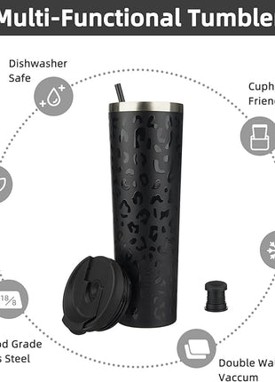 BJPKPK 34oz Insulated Tumbler With lid And Straw Stainless Steel Tumblers Travel Coffee Mug Reusable Thermal Cup,Black Leopard