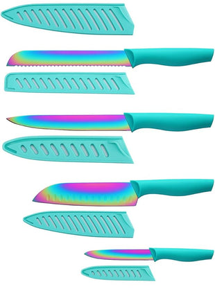 Marco Almond Kitchen Knife Set, KYA37 12-Piece Rainbow Titanium Stainless Steel Boxed Knives Set for Kitchen with Covers, 6 Knives with 6 Blade Guards