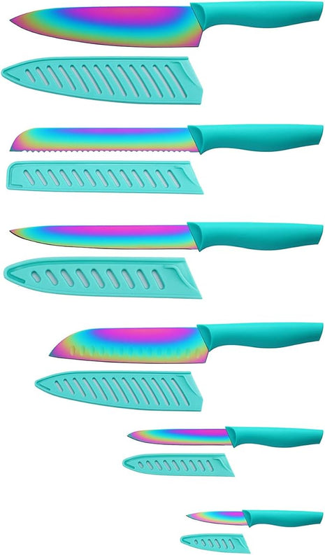 Marco Almond Kitchen Knife Set, KYA37 12-Piece Rainbow Titanium Stainless Steel Boxed Knives Set for Kitchen with Covers, 6 Knives with 6 Blade Guards