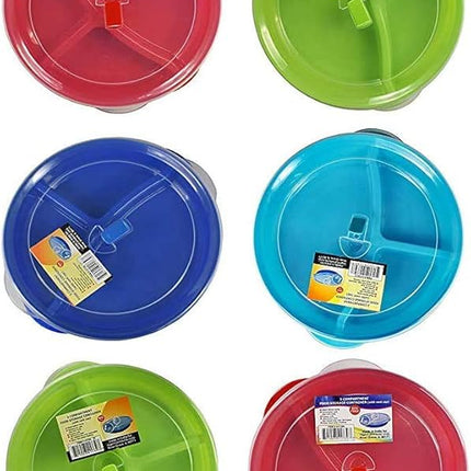 (Set of 6) Microwave Food Storage Tray Containers - 3 Section/Compartment Divided Plates w/Vented Lid