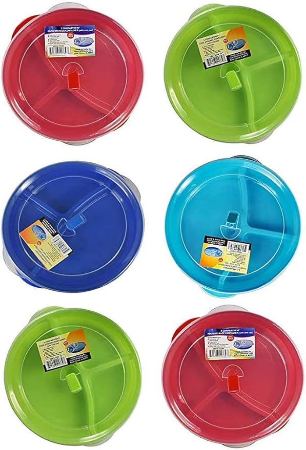 (Set of 6) Microwave Food Storage Tray Containers - 3 Section/Compartment Divided Plates w/Vented Lid