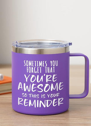 NOWWISH Inspirational 14oz Purple Mug with Handle, Sometimes You Forget You're Awesome Stocking Stuffer for Women, Unique Christmas Birthday Gifts for Her, Mom, Daughter, Wife