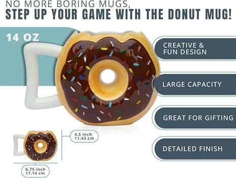 Ceramic Donut Cup – Chocolate Glaze with Sprinkles – Funny “MMM... Donuts!” Quote – Best Cup for Coffee, Tea & More – Large 14 oz – Brown