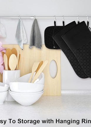 KEGOUU Oven Mitts and Pot Holders 6pcs Set, Kitchen Oven Glove High Heat Resistant 500 Degree Extra Long Oven Mitts and Potholder with Non-Slip Silicone Surface for Cooking (Black)