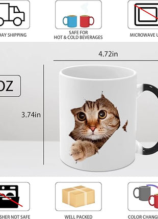 Caliamary Heat Changing Cat Mug - Funny Ceramic Coffee Cup, 11 oz Heat Sensitive Color Changing, Cute Xmas Gift for Women Men Kids