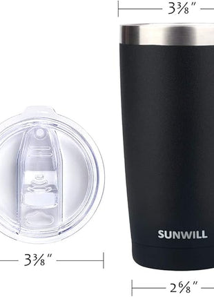SUNWILL Travel Coffee Mug with Lid, 20 oz Tumbler Set of 2, Insulated Stainless Steel Cup for Water, Tea, Ice, Powder Coated Black 2 pack