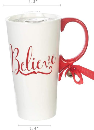 Christmas Ceramic Mug Porcelain Coffee Cup with Tritan Lid and Box,17 oz Bell Decorated (Believe)