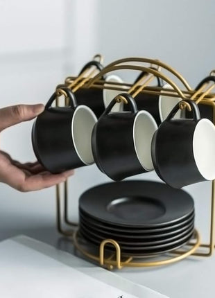 YHOSSEUN Ceramic Espresso Cups Set of 6, 4 Oz Expresso Shots Cup with Stand & Saucers, Small Coffee Espresso Cup Demitasse Cups, Black