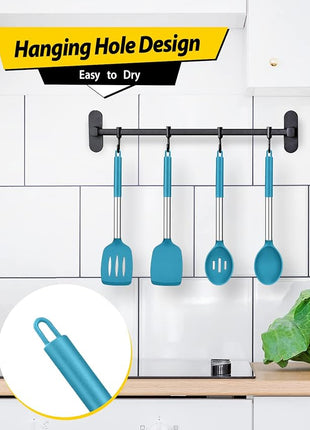 Pack of 4 Silicone Cooking Utensils Set, Non Stick Large Solid Spatulas, Heat Resistant Blue Slotted Spoons, Ideal BPA Free Kitchen Turners for Frying, Mixing,Serving,Draining,Turning,Stirring