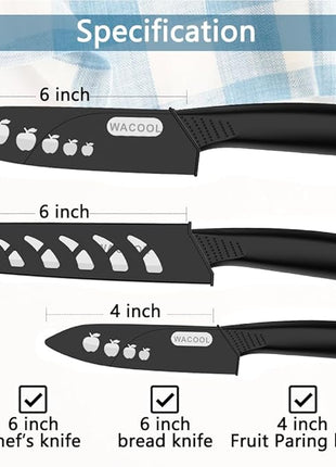 WACOOL Ceramic Knife Set 3-Piece (Includes 6-inch Chef's Knife, 6-inch Bread Knife and 4-inch Fruit Paring Knife), with 3 Knife Sheaths for Each Blade (Black Handle with Bread Knife)