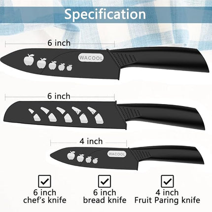 WACOOL Ceramic Knife Set 3-Piece (Includes 6-inch Chef's Knife, 6-inch Bread Knife and 4-inch Fruit Paring Knife), with 3 Knife Sheaths for Each Blade (Black Handle with Bread Knife)