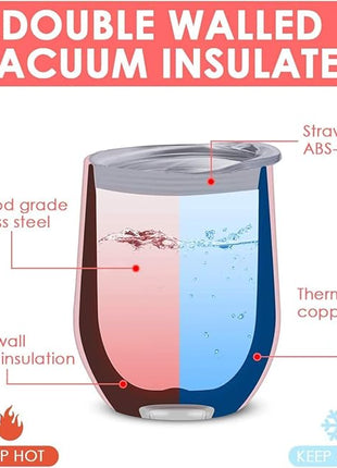 12oz Wine Tumbler with Lid With straw Stainless Steel Wine Tumbler Cups Double Wall Vacuum Insulated Travel Mugs Stemless Cup 12 Pack (Assorted Colors)