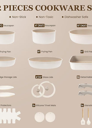 KIKCOIN Ceramic Cookware Set, 22 Pcs Nonstick Pots and Pans Set with Detachable Handles, Non Toxic Kitchen Cooking Set with Removable Handles, Induction/Dishwasher/Oven Safe, Ollas de Cocina