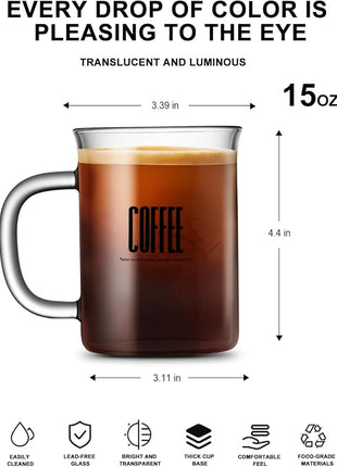 2pcs Set Glass Coffee Mugs 15oz Bell Mouth Glass Coffee Cups Clear Large Tea Cups,Cute Coffee Bar Accessories,Iced Coffee Glasses,Lead-Free Glass Cups for Water,Latte,Milk-Flat Bottomed Design