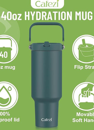 40 oz Tumbler with Handle Flip Straw, Vacuum Insulated Tumblers with Flip Straw and Top Handle, Reusable Insulated Cup for Home, Outdoors, Leakproof, Fits in Cup Holder, Cold for 30 Hours