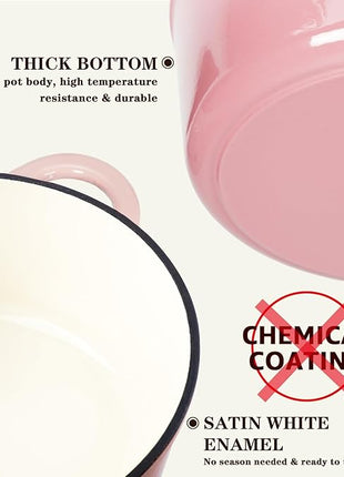 Overmont Enameled Cast Iron Dutch Oven - 5.5QT Pot with Lid Cookbook & Cotton Potholders - Heavy-Duty Cookware for Braising, Stews, Roasting, Bread Baking pink