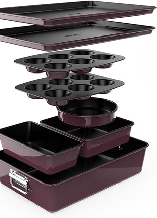 NutriChef 8-Piece Nonstick Stackable Bakeware Set - PFOA, PFOS, PTFE Free Baking Pan Set w/Non-Stick Coating, 450°F Oven Safe, Round Cake, Loaf, Muffin, Wide/Square Pans, Cookie Sheet (Plum)