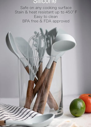 Country Kitchen Non Stick Silicone Utensil Set with Rounded Wood Handles for Cooking and Baking, 8 Piece Set, White