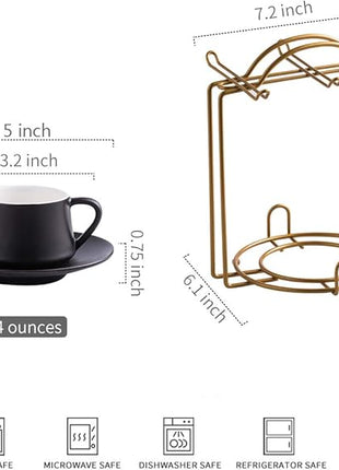 YHOSSEUN Ceramic Espresso Cups Set of 6, 4 Oz Expresso Shots Cup with Stand & Saucers, Small Coffee Espresso Cup Demitasse Cups, Black