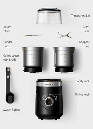 SHARDOR Electric Super Silent Blade Coffee Grinder, Timed Grind Control Rotary Knob, Adjustable Coarse to Fine for Coffee Beans, Spices & Herbs, with 2 Removable Stainless Steel Bowl, Black