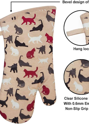 RED LMLDETA Oven Mitts Gloves 1 Pair Heat Resistant 480 ℉ Non Slip Clear Silicone Printed Comfortable Cotton Lining Kitchen Women Men Cooking Barbecue Microwave Machine Washable (Cat, Khaki Mittens)