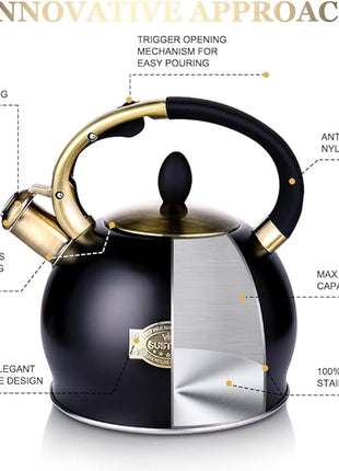 SUSTEAS Stove Top Whistling Tea Kettle - Food Grade Stainless Steel Teakettle Teapot with Cool Touch Ergonomic Handle, With 1 Silicone Pinch Mitt Included, 2.64 Quart(BLACK)