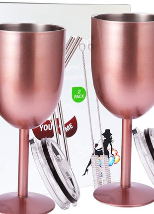 AMZUShome Stainless Steel Wine Glasses(2 Pack).Double Walled Vacuum Insulated Wine Tumbler Cups With Lid and Straw.Friendship,Christmas,Birthday Gifts for Women Men Friends Dad Mom(10oz Rose Gold)