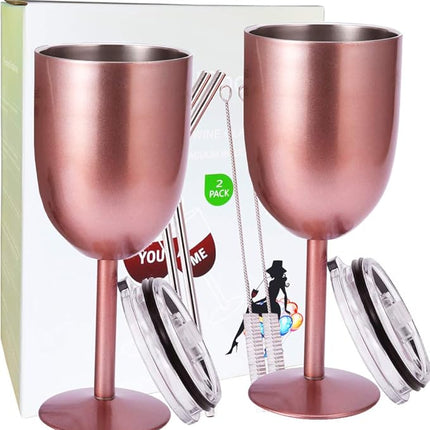 AMZUShome Stainless Steel Wine Glasses(2 Pack).Double Walled Vacuum Insulated Wine Tumbler Cups With Lid and Straw.Friendship,Christmas,Birthday Gifts for Women Men Friends Dad Mom(10oz Rose Gold)