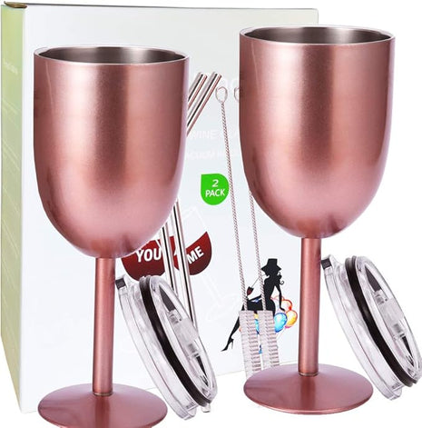 AMZUShome Stainless Steel Wine Glasses(2 Pack).Double Walled Vacuum Insulated Wine Tumbler Cups With Lid and Straw.Friendship,Christmas,Birthday Gifts for Women Men Friends Dad Mom(10oz Rose Gold)