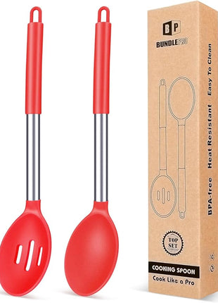 Pack of 2 Large Silicone Cooking Spoons,Non Stick Solid Basting Spoon,Heat-Resistant Kitchen Utensils for Mixing,Serving,Draining,Stirring (RED)