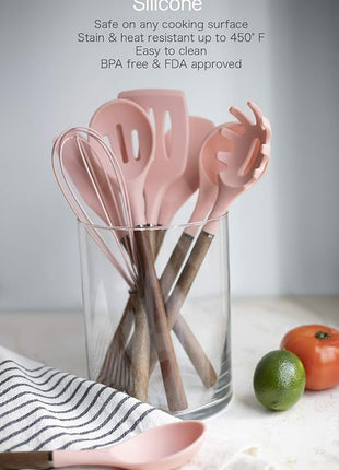 Country Kitchen Non Stick Silicone Utensil Set with Rounded Wood Handles for Cooking and Baking, 8 Piece Set, Pink